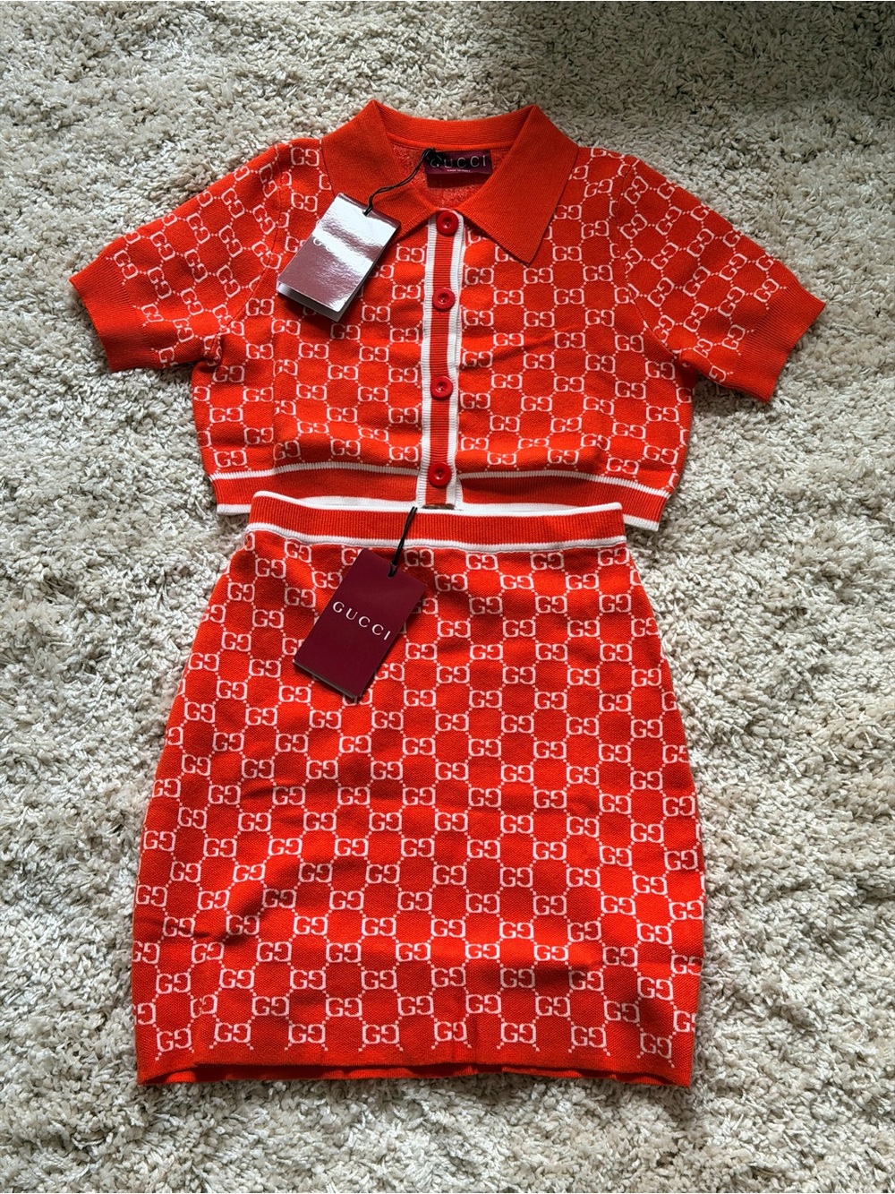 Gucci Orange-Red GG Knit Polo Two-Piece Mini Dress Set